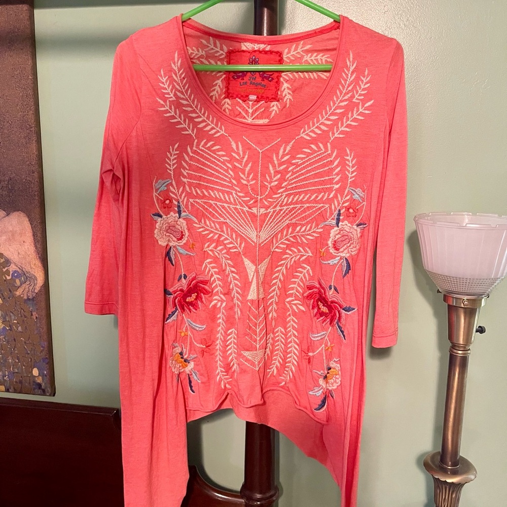 Johnny Was Coral Embroidered Scoop-Neck